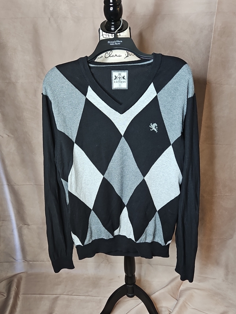 Express Men's V-Neck Argyle Sweater 100% Cotton Black/Grey Size Large